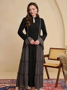 Al Najma Vestido árabe modesto para mujeres con empalme lateral y atar a la cintura, para primavera y verano