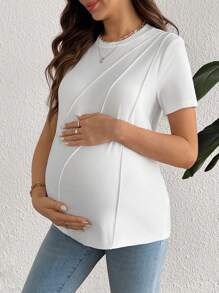SHEIN Maternity Solid Color Round Neck Short Sleeve Simple Casual Loose T-Shirt - White - View 1