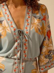 CAJUNI Women's Bohemian Tropical Floral Print Deep V-Neck Tie-Waist Batwing Sleeve Smock Mini Dress, Casual Beach Holiday Dress