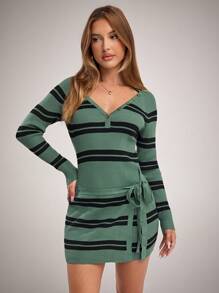 Forever 21 V领条纹修身长袖针织迷你连衣裙，秋冬新品 - 彩色 - 查看 3