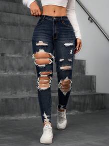 SHEIN Unity Distressed Frayed Edge Pocketed Solid Color Skinny Jeans Y2k - Dark Wash - View 6