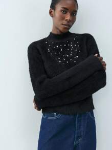 Maija Pull en tricot avec décoration de strass, style urbain chic, élégant, casual et rétro. Pour femme, automne/hiver - Noir - Voir 4
