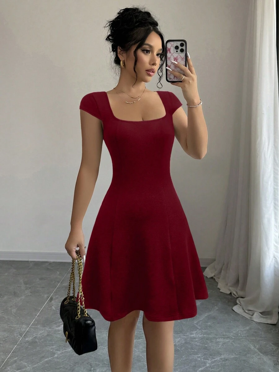Sexy Solid Fold Square Collar A Line Short Sleeve Dress
