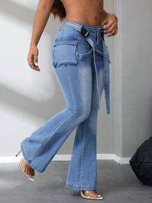 SHEIN SXY Quần Jeans Denim Thường Ngày Cho Nữ, Tối Giản Và Thời Trang Cho Mặc Hàng Ngày - Màu xanh lam - Xem 3