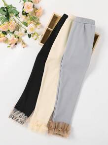 3pcs/Set Girls' Minimalist Solid Gray, Black, And Apricot Color Rib Fabric Long Leggings With Ruffle Hem - Multicolor - View 1