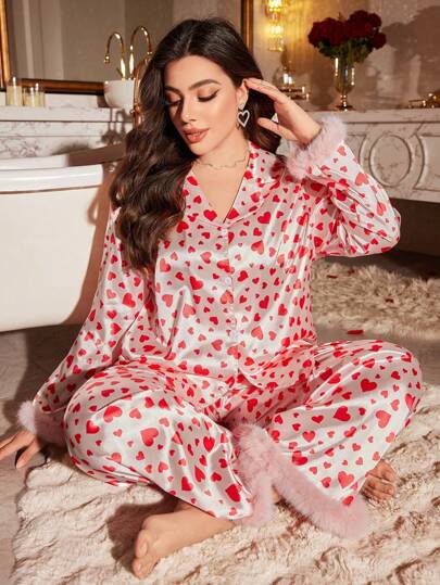 LuxeNights 大码秋冬针织心形印花拼布袖口和下摆前开长袖上衣和裤子睡衣套装，秋季服装