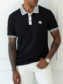 Manfinity Homme Men's Casual Colorblock Patchwork Knight Print Polo Shirt, For Golf - Black - View 6
