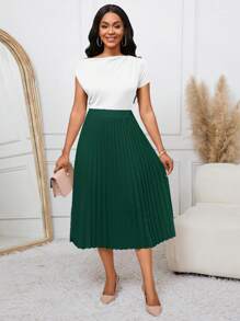 SHEIN Lady Falda plisada blanca con línea A en color verde, versátil para el trabajo y las fiestas - Verde Oscuro - Ver 5