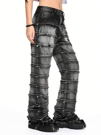 ROMWE Avant Jeans rectos estilo vintage punk para mujer con bajo deshilachado
