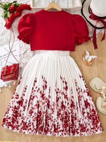 SHEIN 2pcs/Set Tween Girls Valentine's Day Floral Print Ruffle Dress With Puff Sleeve Cardigan, & Elegant, Spring/Summer - Multicolor - View 2