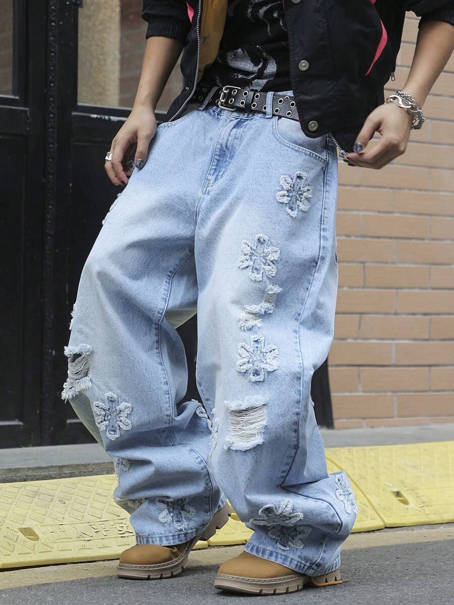 Manfinity EMRG Men's Grunge Ripped Pocket Simple Casual Jeans - Light Wash - View 1