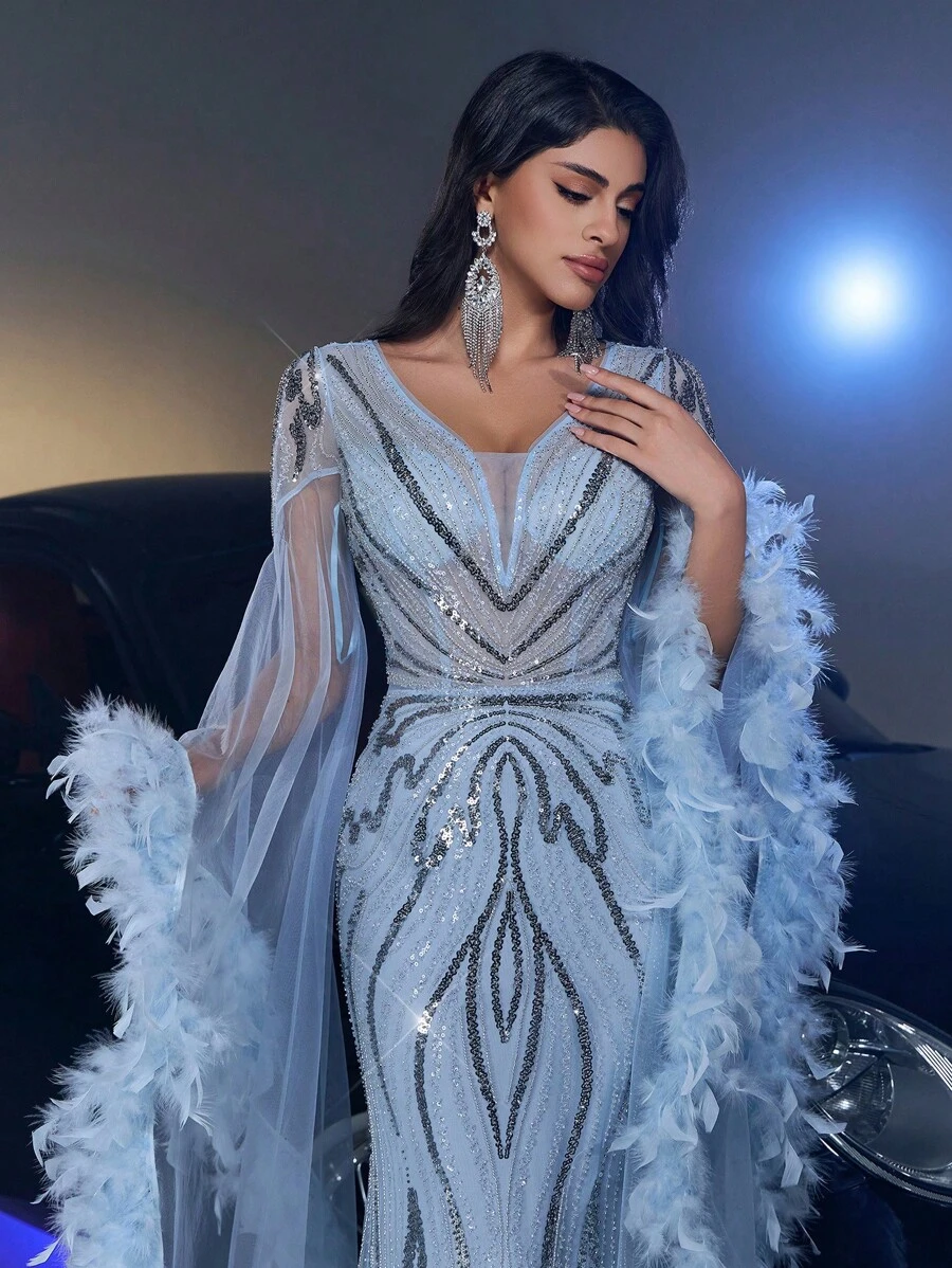 Glamrae Váy đuôi cá dài tay voan mỏng cổ chữ V màu xanh sang trọng thanh lịch, váy dự tiệc cưới, váy dự tiệc, váy dạ hội thích hợp cho đám cưới, tiệc tùng, kỳ nghỉ, dạ hội, sự kiện trang trọng, váy - Màu xanh lam - Xem 1