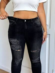 SHEIN EZwear Plus Size Distressed Blue Elastic Skinny Denim Jeans - Black - View 3