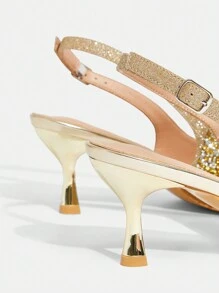 CUCCOO TILAWA Women's Gold Crystal Rhinestone Pointed Toe Hollow High Heel Wedding Sandals