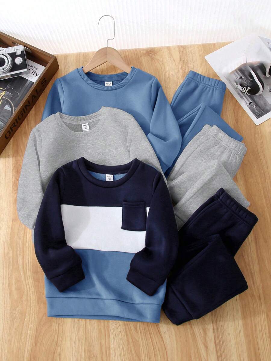 SHEIN Leap Crew Mua 1 Tặng 5 Bộ 6 món Áo nỉ dài tay cổ tròn màu trơn và tương phản phong cách thường ngày cho bé trai và quần nỉ cạp chun, thích hợp cho các dịp trở lại trường, sinh nhật, tiệc chào đón em bé, tiệc ngày lễ, mùa thu/đông, vải nỉ, dày dặn - Màu xanh bụi bặm - Xem 1