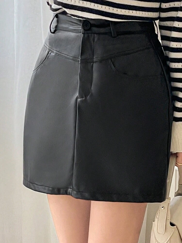 Short A-Line High Waist Slimming PU Leather Women Mini Skirt Fall Skirts