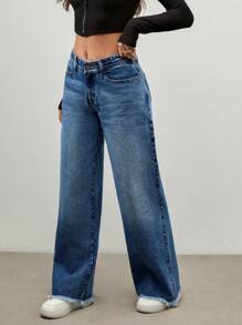 EURMUSE LOW WAIST DOUBLE STITCHED WAISTBAND WIDE LEG JEAN - Dark Wash - View 5
