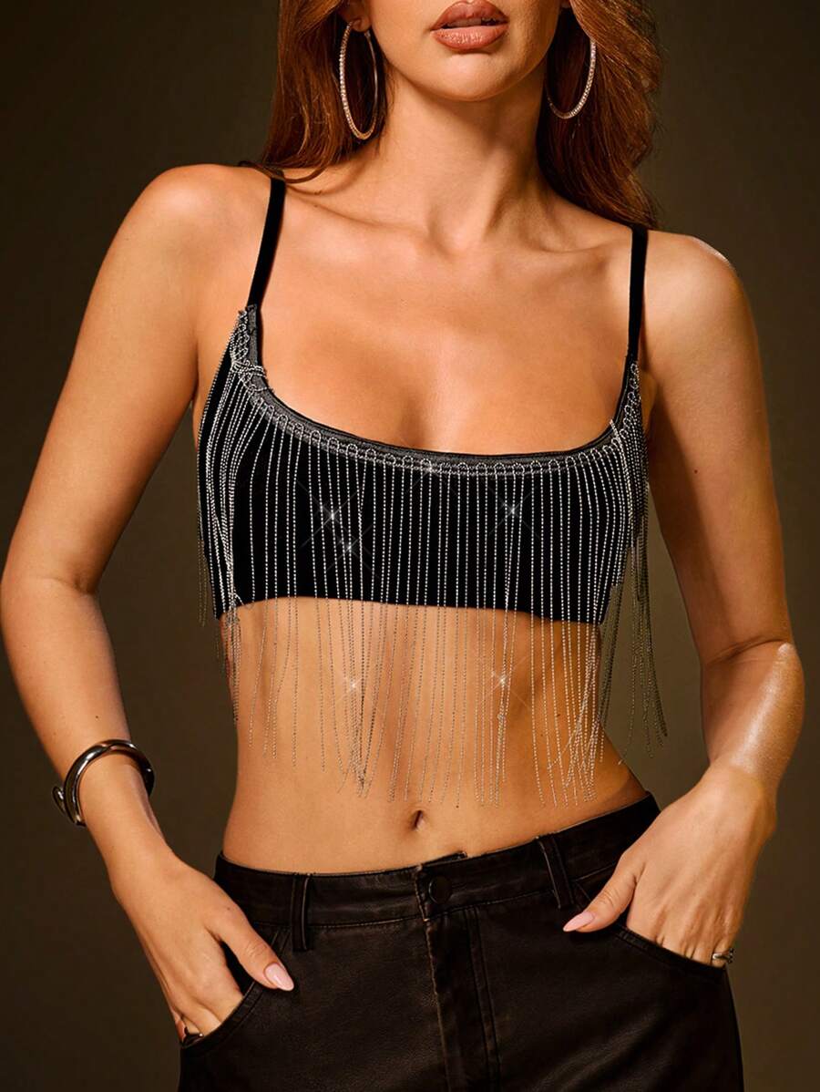 SHEIN SXY Metal Tassel Decor Deep U Neck Cropped Party Tank Tops, Suitable For Music Festivals