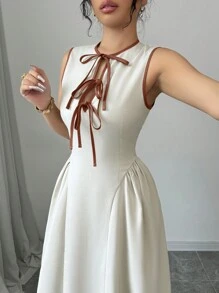 Elenzga 新款女式镂空领拼色系带腰侧褶下摆无袖纹理褶皱连衣裙，后背拉链，时尚，年轻，优雅，百搭，收腰，春夏/秋冬 - 米色 - 查看 5