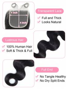 Body Wave 3pcs Bundles With 4*4 Transparent Lace Front Closure Unprocessed Human Hair With Baby Hair Around Human Virgin Hair Extensions Natural Color Black For Women Hair - SNatural - View 6