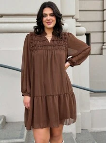 SHEIN LUNE Plus Size Women Notched Neck Ruched Lantern Sleeve Solid Color Dress Valentine's Day Vacation Outfits Woman,Modest Dresses For Women,Airport Outfit For Women,Boho Dress Women,Resort Wear Women,Club Dress,Tropical Dress,Spring/Summer Birthday Dresses For Women Sundress