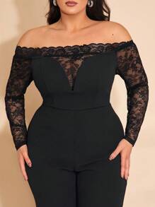 SHEIN BAE Plus Size Women Black Lace Patchwork Jumpsuit, Long Sleeve Flared Pants Suit, Suitable For Autumn/Winter Dates, Christmas, Parties, Nightlife, Valentine's Day
