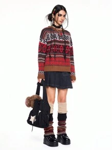 ROMWE Avant Women's Retro Subculture Y2K Fairycore Totem Intarsia Pullover Sweater - Multicolor - View 3