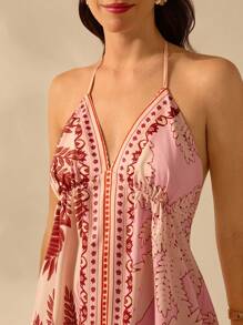 CAJUNI Váy ngắn hở lưng cổ chữ V không tay họa tiết cây cọ nhiệt đới nhiều màu sắc Boho dành cho nữ, váy đi biển mùa hè thường ngày - Nhiều màu - Xem 6