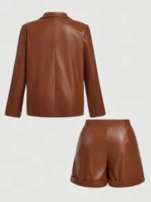 SHEIN MOD Plus Size Women's Vintage Retro Brown Casual Leather Suit Set, Autumn/Winter