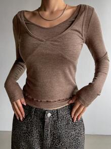 DAZY 二合一纯色修身女式 T 恤长袖女式上衣，秋季女装