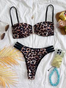 Soleia 2pcs Women's Leopard Print Contrast Color U-Wire Decor Back Strap Bikini Set, Suitable For Vacation,Swim Suits For Women,Vacation Outfit Women,Summer Outfits For Women,Beach Outfits For Women - Multicolor - View 2