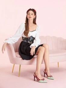 CUCCOO DOLLMOD Red & Green Color Block Pointed Toe Stilettos, Elegant Sweet Princess Lady Classic Vintage Color Contrast Red Bow Patchwork Green Satin Women's Mule Party Dress Shoes, St. Patrick's Day Valentines