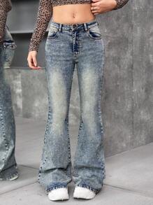 SHEIN Retro Blue Denim Flare Pants For Teenage Girls - Medium Wash - View 5