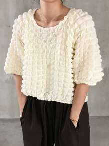 FRIFUL 女士象牙色泡泡纹理 T 恤，甜美音乐节风格，夏季