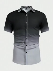 Manfinity Homme Men's Ombre Color Short Sleeve Single-Breasted Casual Shirt - Black - View 1