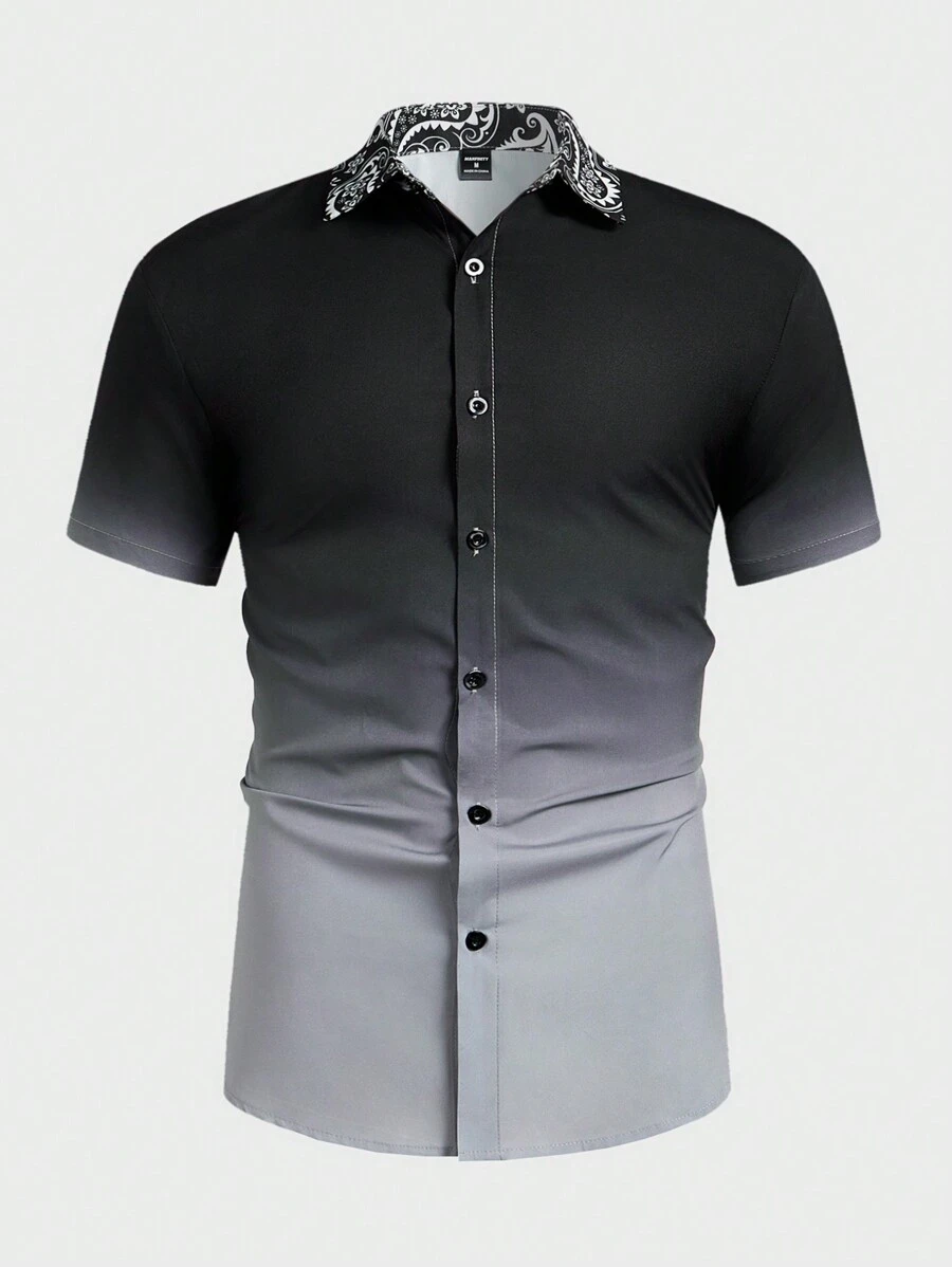 Manfinity Homme Men's Ombre Color Short Sleeve Single-Breasted Casual Shirt - Black - View 1