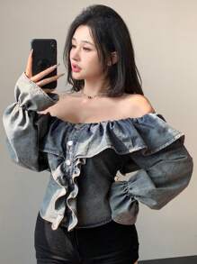 DAZY Women's Ruffle Ruffle Trim Denim Long Sleeve Blouse - Medium Wash - View 6