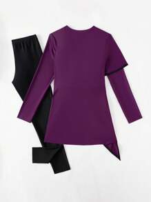 Swim Mulvari Summer Women's Loose Long Sleeve Round Neck Solid Color Beach T-Shirt With Waist Side Flying Edge And Solid Black Long Pants Burkinis Swimsuit Purple Clothes Set Arabic Clothing - Purple - View 7