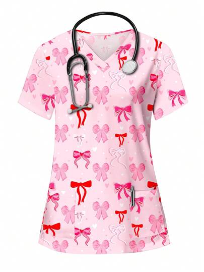 PopScrub Parte superior de uniforme de enfermero/cuidador con escote en V, manga corta, bolsillo y estampado de mariposa y motivos auspiciosos para el Día de San Valentín, para dama. Conjunto de ropa de trabajo, blusas con escote en V y volantes, camisetas estampadas de manga corta y escote en V para enfermeras.