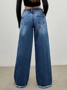 EURMUSE LOW WAIST DOUBLE STITCHED WAISTBAND WIDE LEG JEAN - Dark Wash - View 3