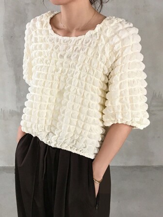 FRIFUL Camiseta Feminina Marfim Texturizada em Bolha, Estilo Doce de Festival de Música, Verão