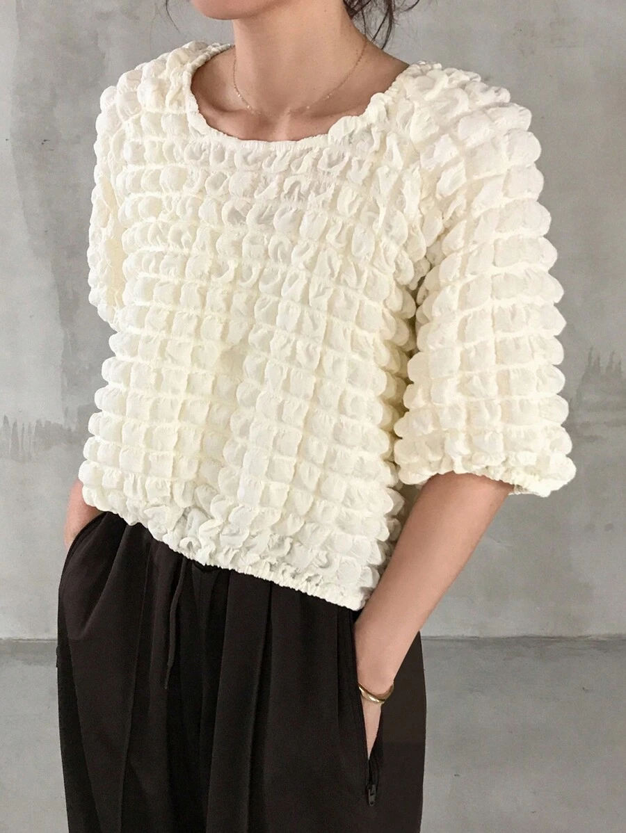 FRIFUL 女士象牙色泡泡纹理 T 恤，甜美音乐节风格，夏季