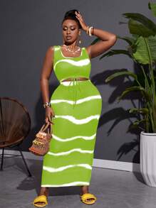 Slaydiva Conjunto de 2 piezas de minifalda y chaleco con cordón con estampado de rayas tie-dye de corte ceñido y tejido elástico para vacaciones, talla grande - verde menta - Ver 6