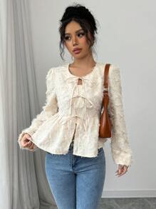 Chiquease Women's Elegant Bow Detail Jacquard Textured Fabric Long Sleeve Blouse Peplum Top - Apricot - View 7