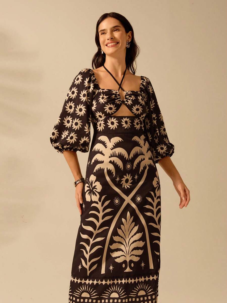 CAJUNI Đầm xanh dài vừa tay bồng, họa tiết Boho cho nữ, hoa nhiệt đới, mặt trời, họa tiết cây dừa, dây buộc rỗng, thường ngày mùa hè, váy đi biển