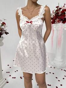 Chiquease SHEIN ChicEase Women's Cute Romantic Ruffle Edge Patchwork Satin Heart Decor A-Line Sleeveless Mini Dress - Pink - View 3