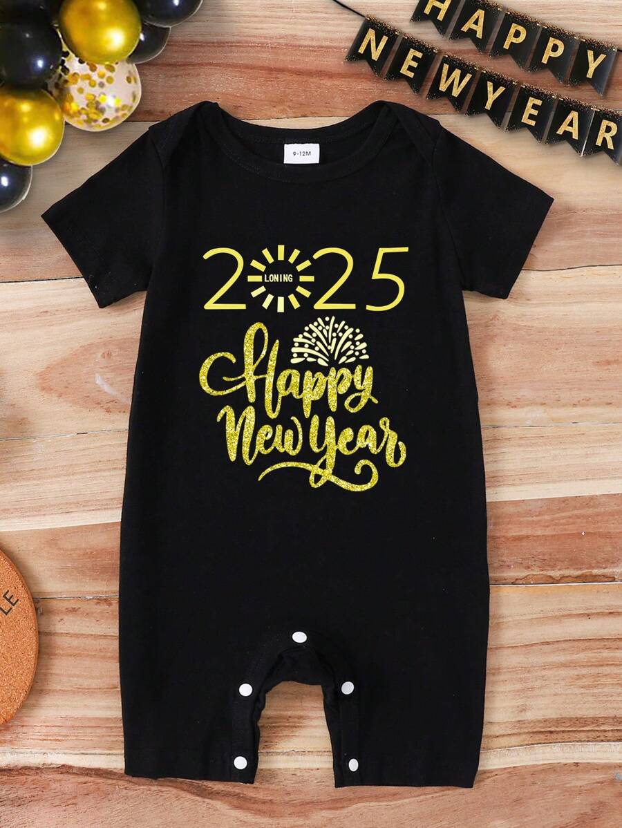 Pelele informal para bebé niño con estampado de letras y fuegos artificiales de manga corta, elegante, adecuado para Año Nuevo, primavera/verano