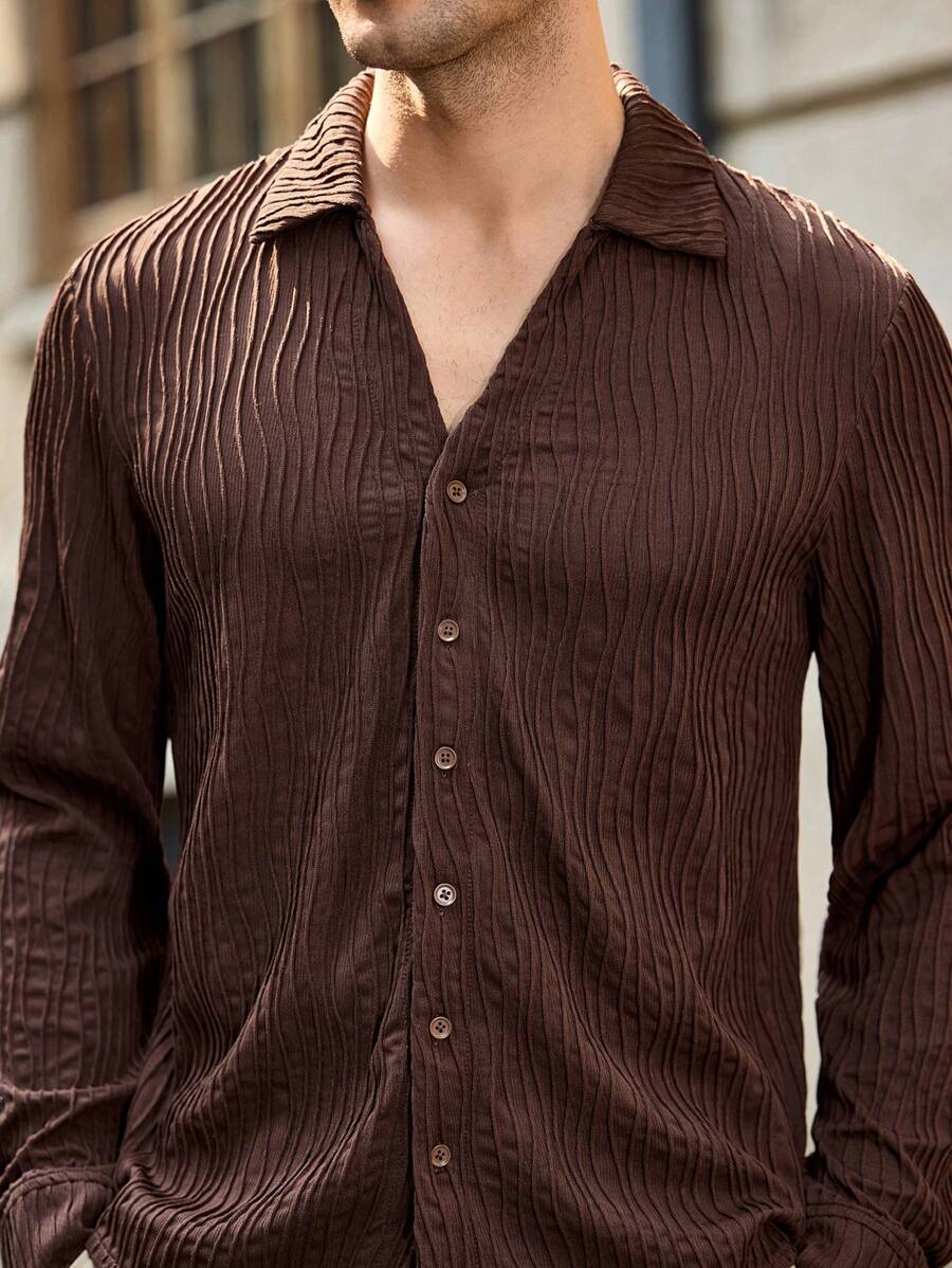 Manfinity Basics Áo sơ mi dài tay cổ bẻ dệt kim Jacquard thường ngày cho nam, phù hợp cho mùa thu - màu nâu - Xem 1