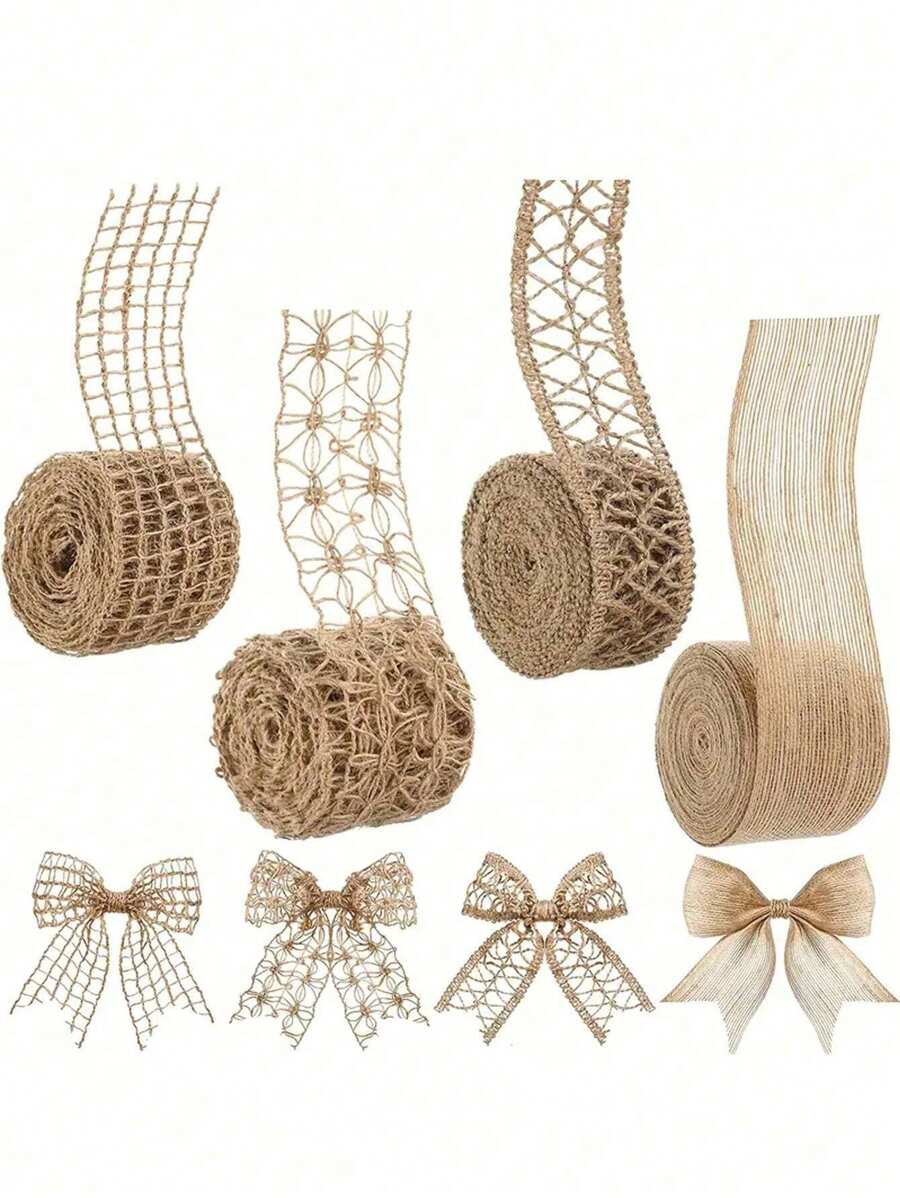 SHEIN 1Pc 2M/Roll Natural Jute Burlap Ribbon, 4 Styles Lace Ribbon Mesh Burlap Ribbon, DIY Decoration Craft Packaging Ribbon Bow, Suitable For Festivals, Parties, Weddings, DIY Handmade Arts, Home Decoration Valentine's Day - Khaki - View 1