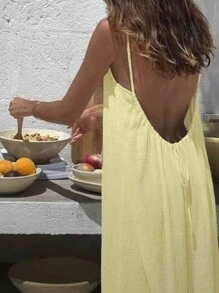 Cévolie Women's Solid Color Backless Lace Up Loose Spaghetti Strap Dress